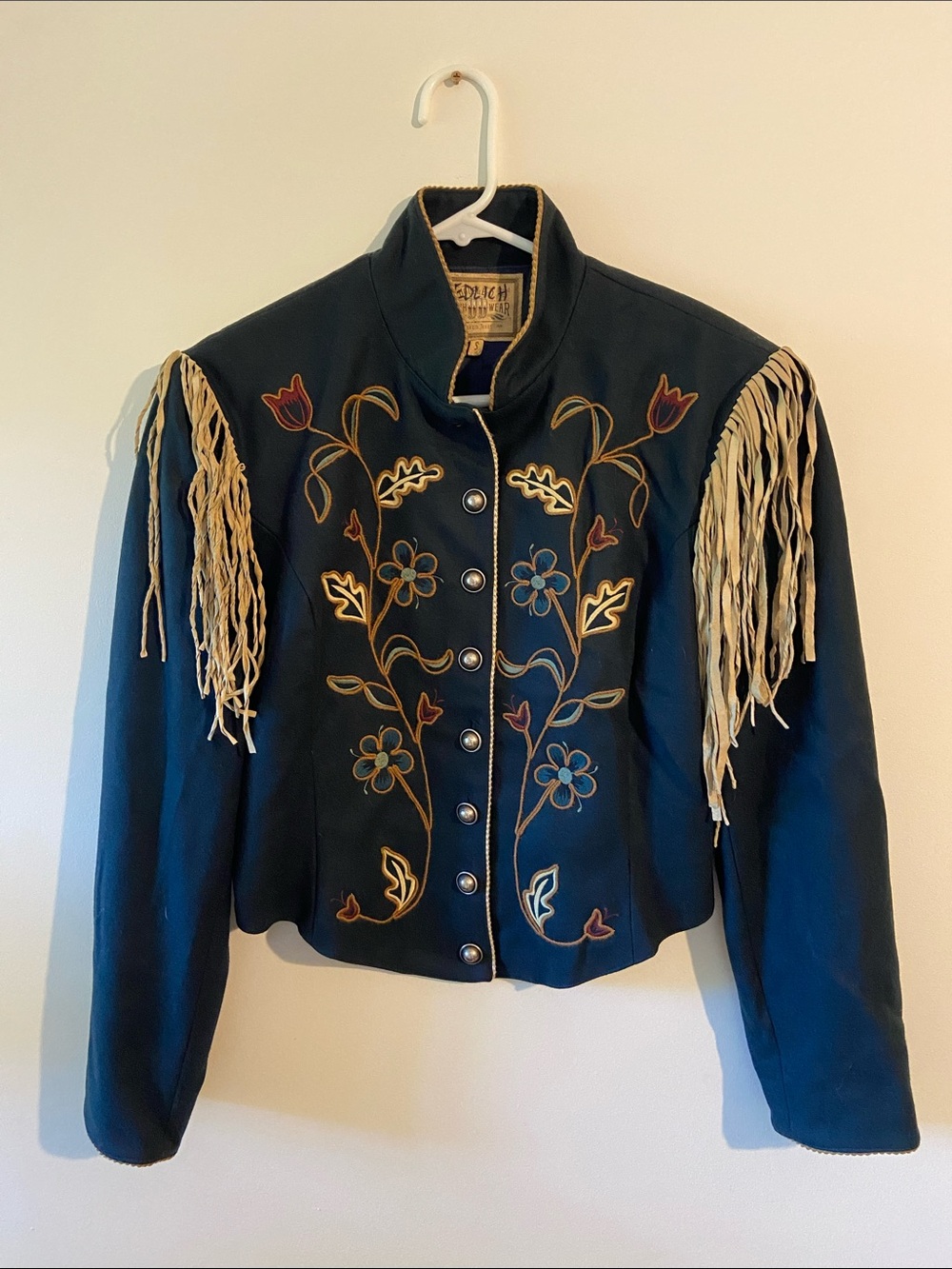 Double D Ranch Navy Bomber Jacket with Cream Fringe & Multicolor Embroidery